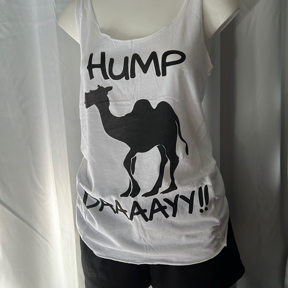 Juniors medium size graphic HUMP DAAAYY!! tank top white